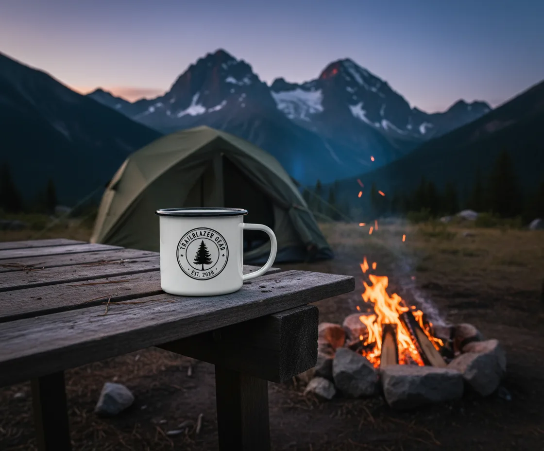 Custom Enamel Mug in Camping Setting