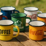 Colorful enamel mugs with rolled rims on a wooden outdoor table, featuring bold prints and logos under natural sunlight, festival vibe.