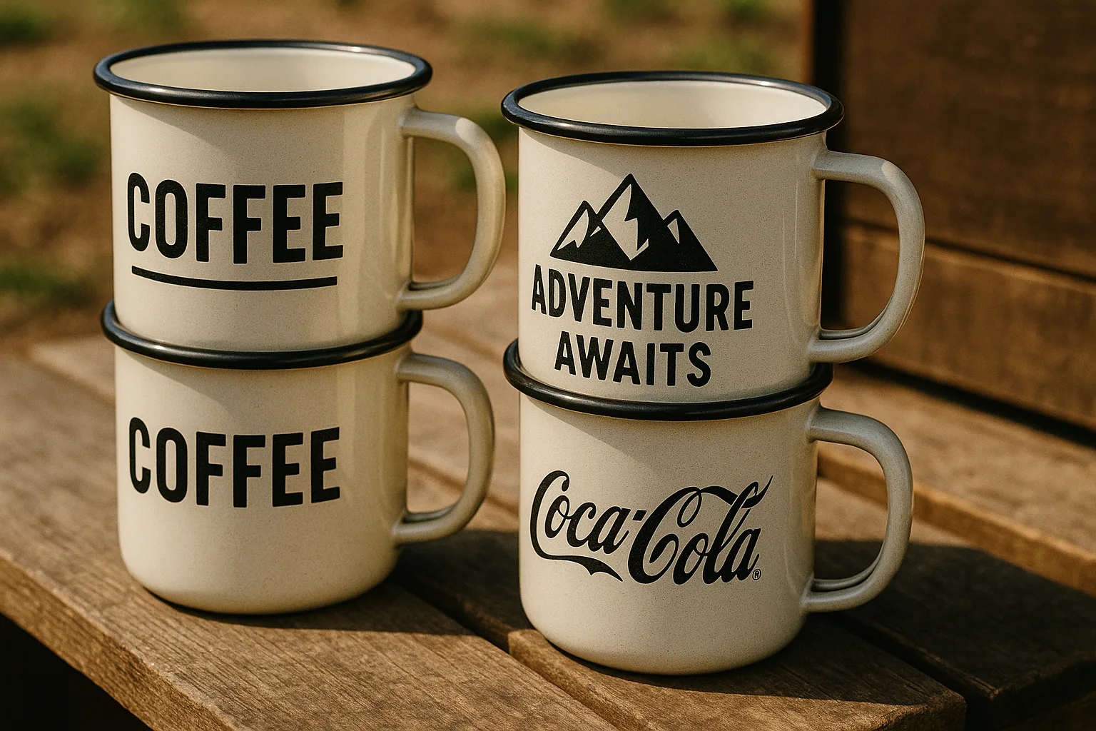 Close-up of enamel mugs stacked neatly for shipping, light steel with glossy enamel coating, vivid prints, rustic outdoor retail setting.