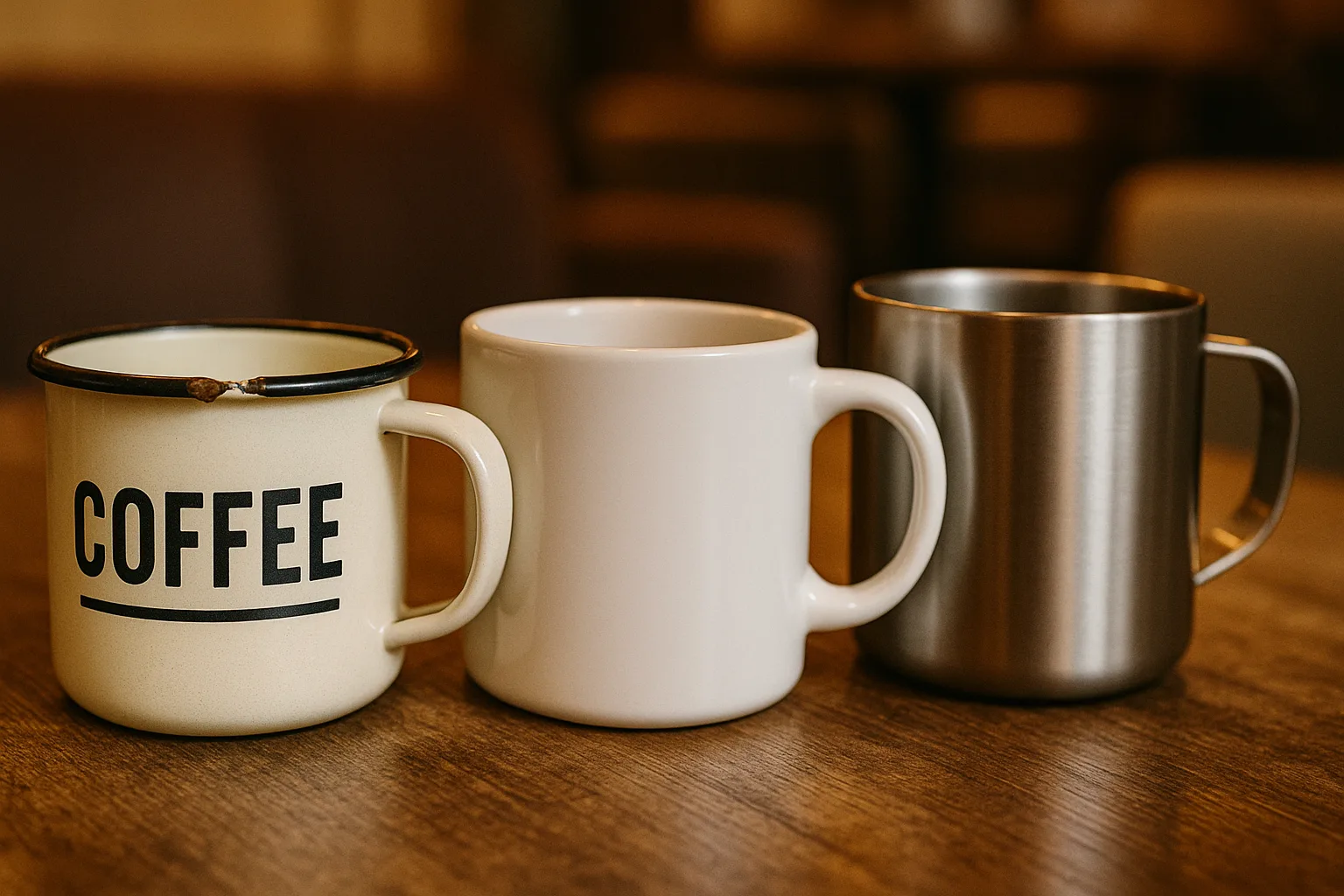 Enamel mug with a small chip on the rim placed next to ceramic and stainless steel mugs on a café table under warm indoor light.