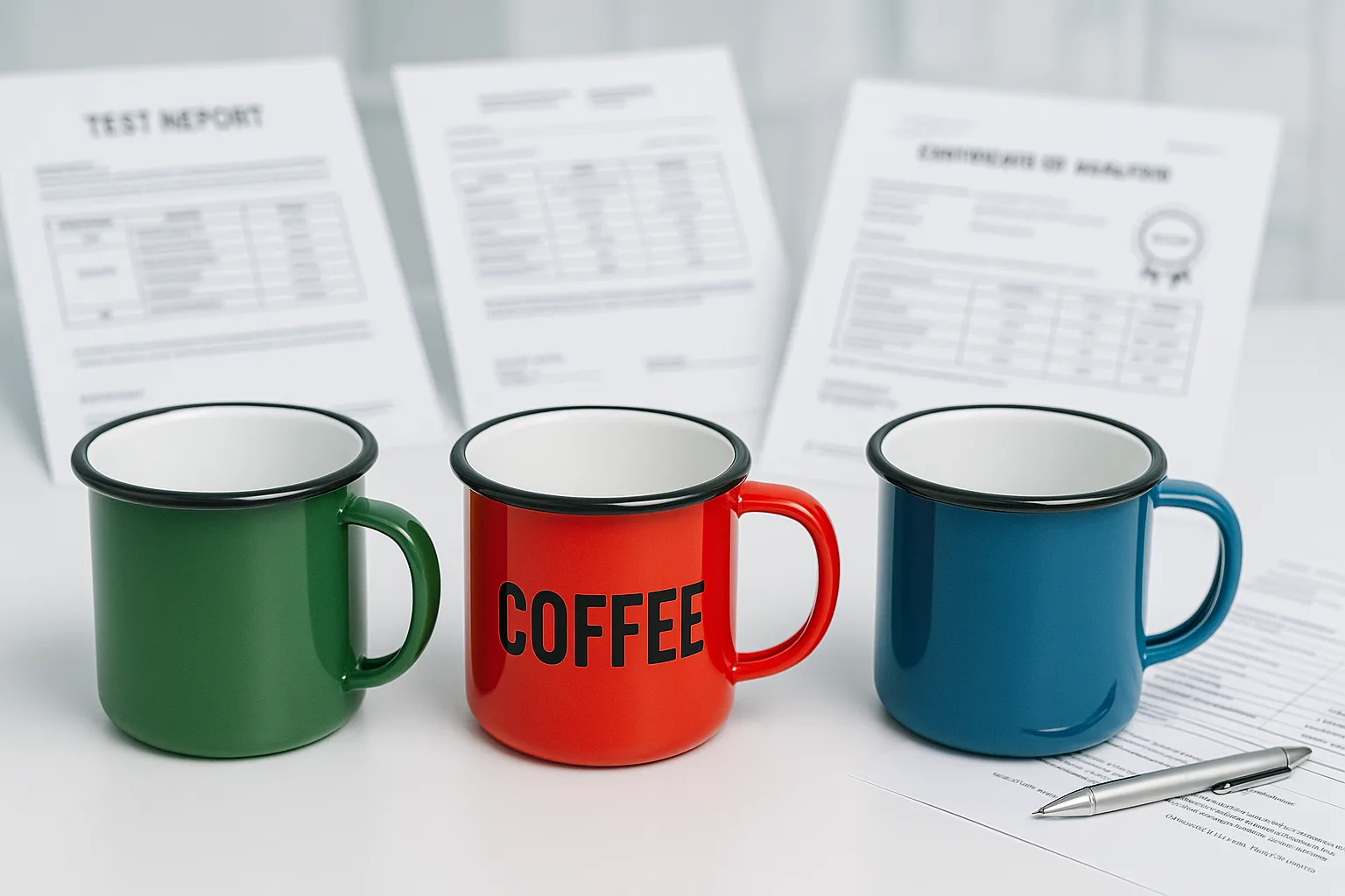 Food-grade enamel mugs in a clean lab environment with white interior glaze, safety test reports and certificates in the background.