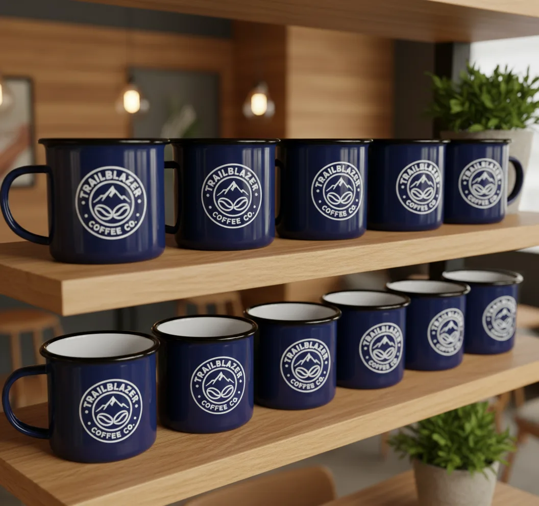 Navy blue mugs with symmetric branding