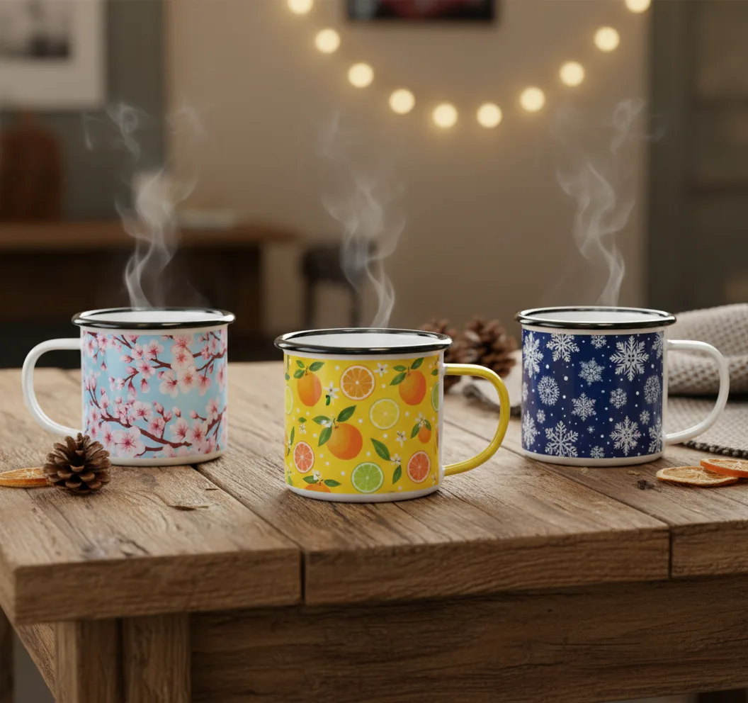 Full wrap seasonal enamel mugs