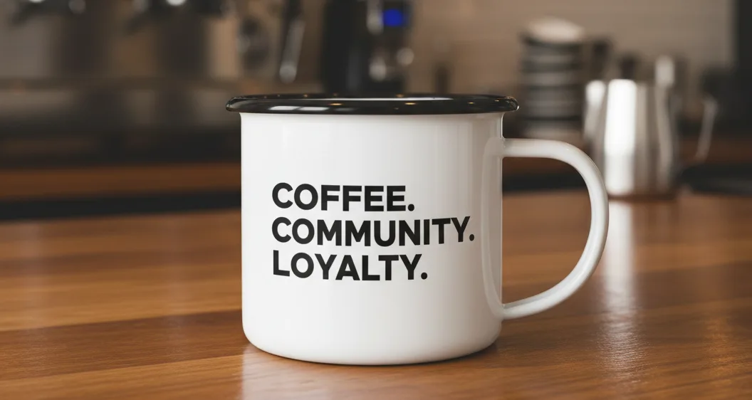 Black and white membership mugs with slogans