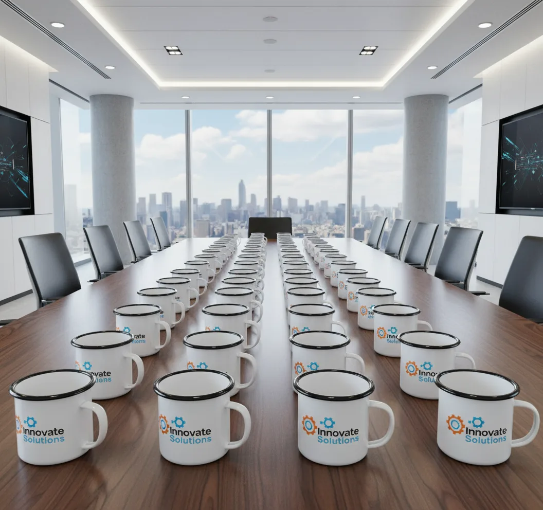 Corporate meeting room with branded enamel mugs
