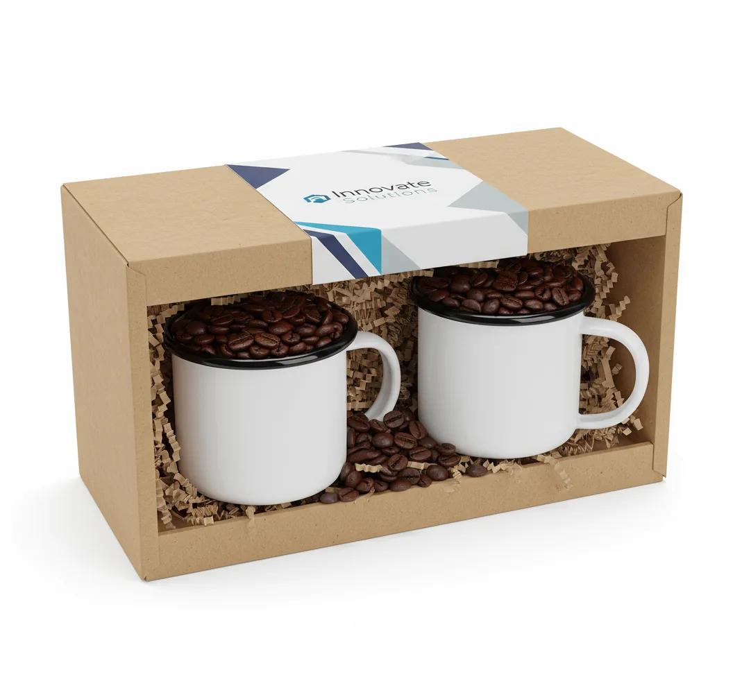 Enamel mug gift set with coffee beans in custom corporate packaging