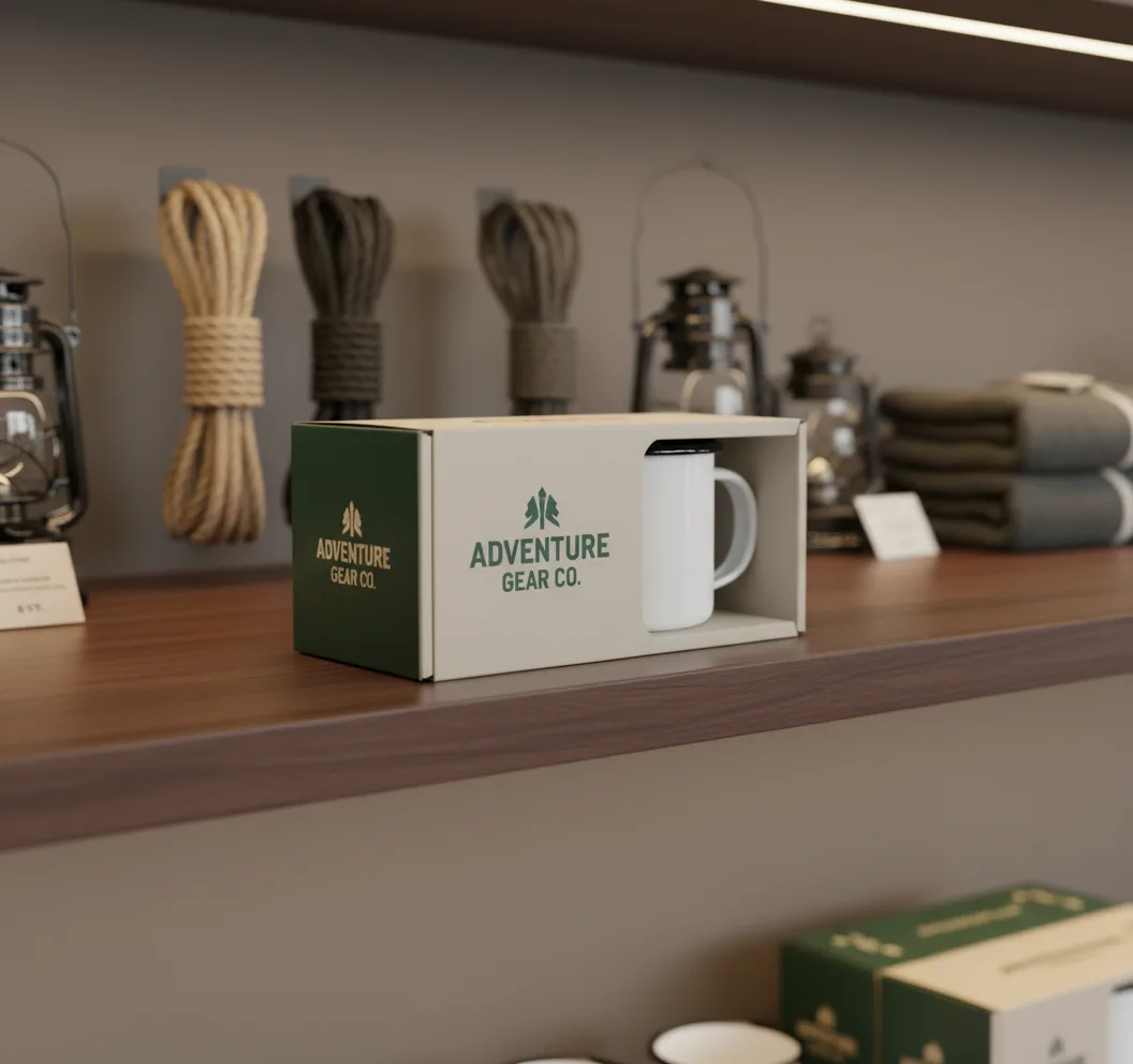 Single enamel mug in branded corporate gift box