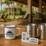 Enamel mugs and stainless steel mugs on a wooden table in a resort setting, with logos and safety care icons nearby, natural light showing safe use and durability.