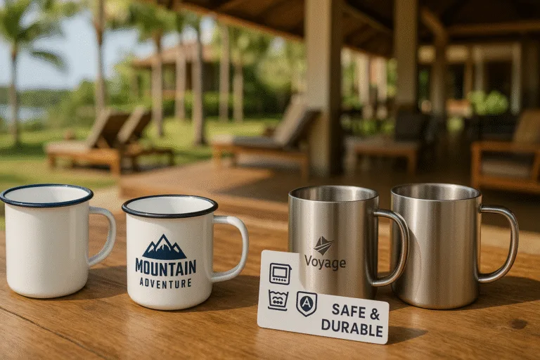 Enamel mugs and stainless steel mugs on a wooden table in a resort setting, with logos and safety care icons nearby, natural light showing safe use and durability.