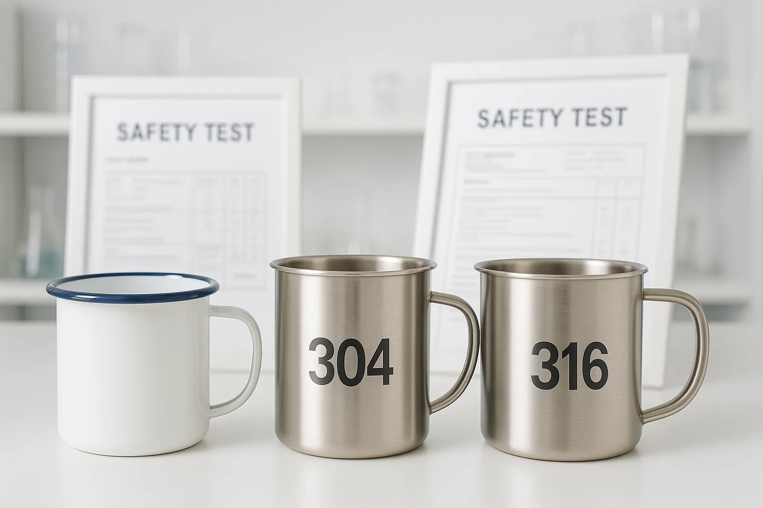 Close-up of enamel mug with rolled rim next to 304 and 316 stainless steel mugs on a white lab counter, safety test documents in background, bright neutral lighting.