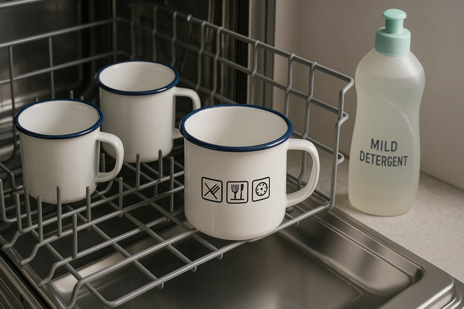 Enamel mugs placed on the top rack of a dishwasher, with clear care icons on mug surface and mild detergent bottle nearby, realistic kitchen lighting.