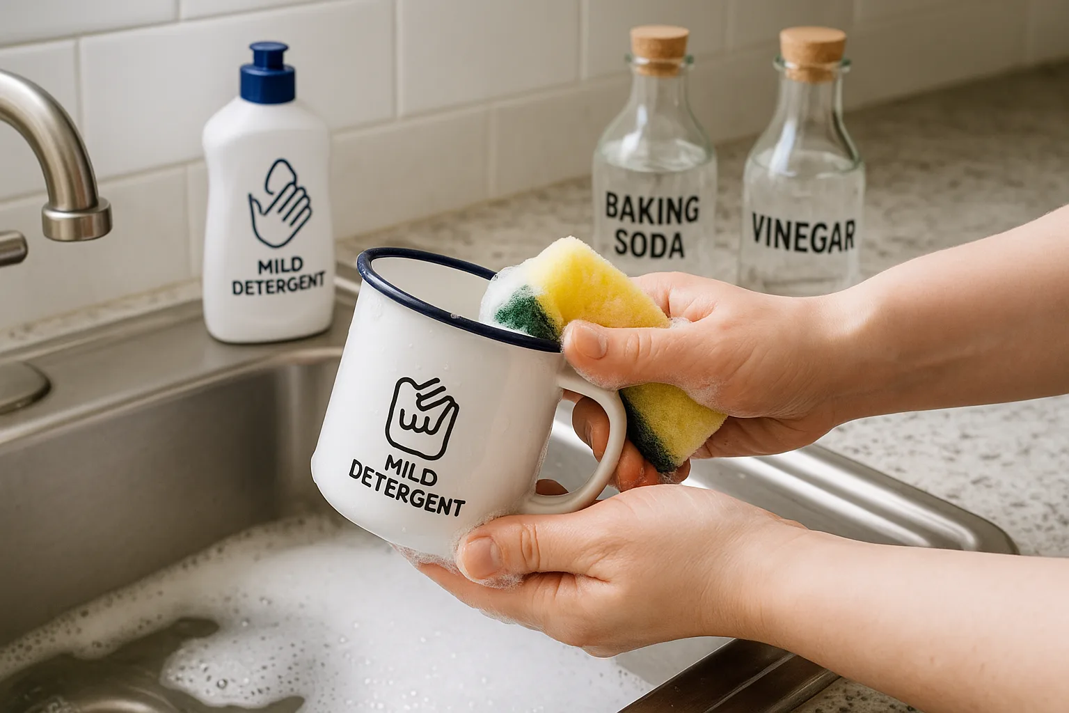 Hands washing an enamel mug with a soft sponge and mild detergent in warm water, baking soda and vinegar bottles on counter, clean kitchen sink setup.
