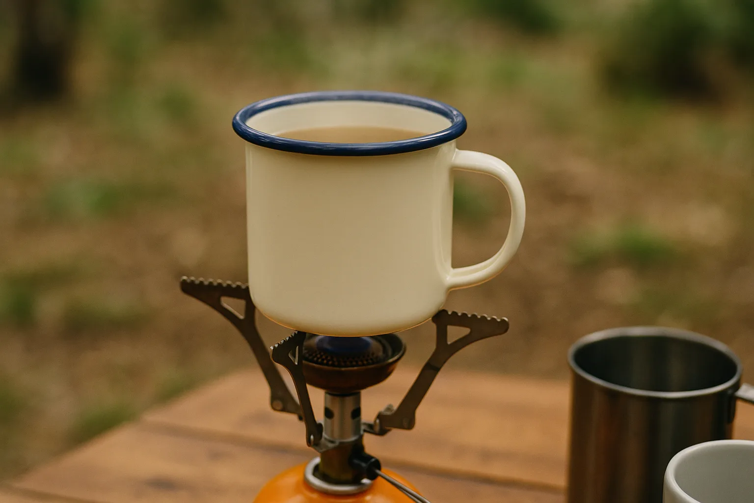 Enamel mug with liquid inside placed on a small camp stove, heated on a low flame outdoors under soft natural light, showing safe stove use.