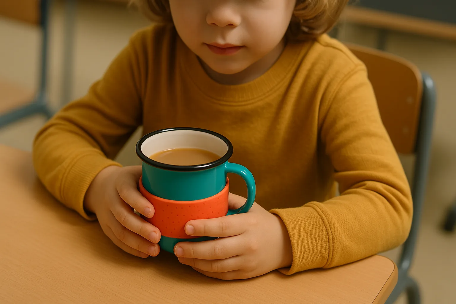 Child holding a small colorful enamel mug with rolled rim and silicone sleeve, sitting at a school or camp table with safe warm drink inside, supervised environment.