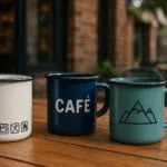 Three enamel mugs with care icons, café branding, and mountain design, placed on a wooden table in an outdoor café setting, natural light.