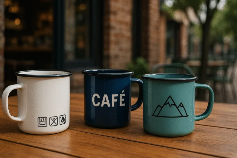 Three enamel mugs with care icons, café branding, and mountain design, placed on a wooden table in an outdoor café setting, natural light.
