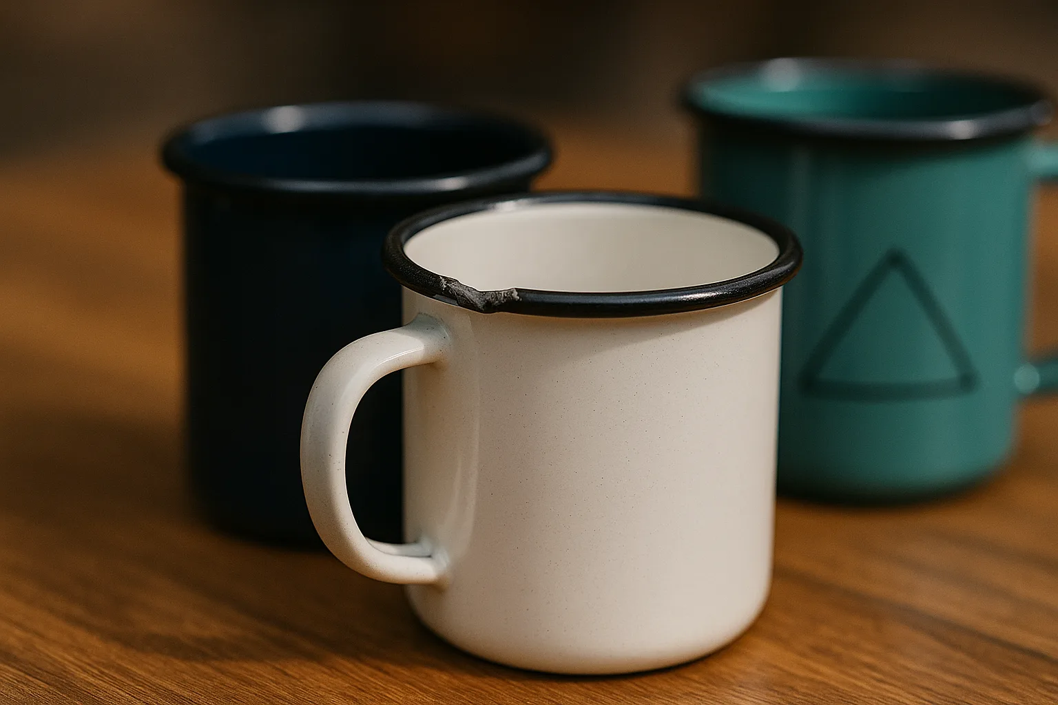 Close-up of a chipped enamel mug rim on a wooden table, next to intact enamel mugs, showing safety risk.