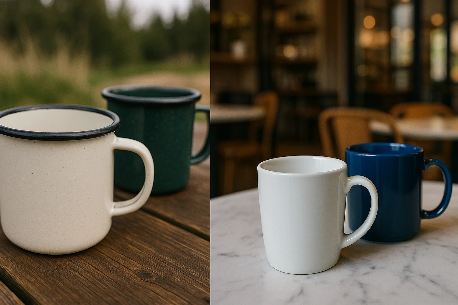 Side-by-side comparison of enamel mugs on a rustic wooden outdoor table and ceramic mugs on a glossy marble café table.