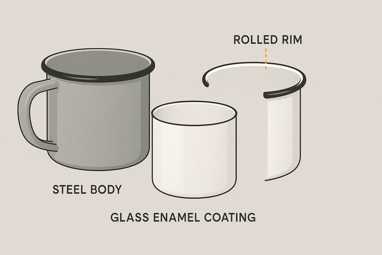Exploded illustration of enamel mug layers showing steel body, glass enamel coating, and rolled rim on a light studio background.