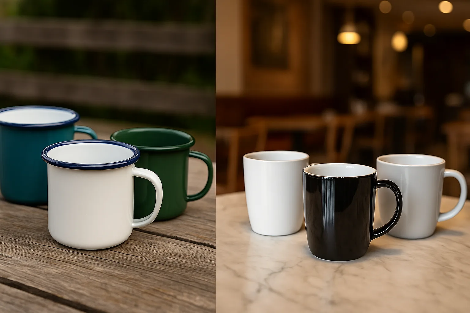 Side-by-side comparison of enamel mugs with rustic outdoor wooden surface and ceramic mugs with glossy café style on marble counter, lifestyle photography.