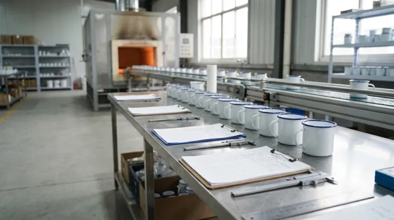 Enamel mugs aligned on stainless steel inspection tables during quality control inside a professional enamel mug manufacturing factory