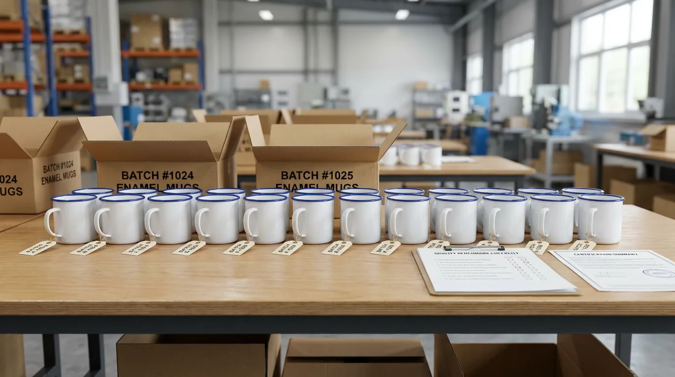 Batch-labeled custom enamel mugs with quality check records prepared by enamel mug manufacturer before bulk shipment
