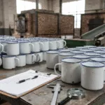 Custom enamel mugs arranged for in-process quality inspection inside a professional enamel mug manufacturer production workshop