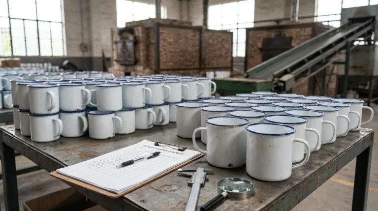 Custom enamel mugs arranged for in-process quality inspection inside a professional enamel mug manufacturer production workshop