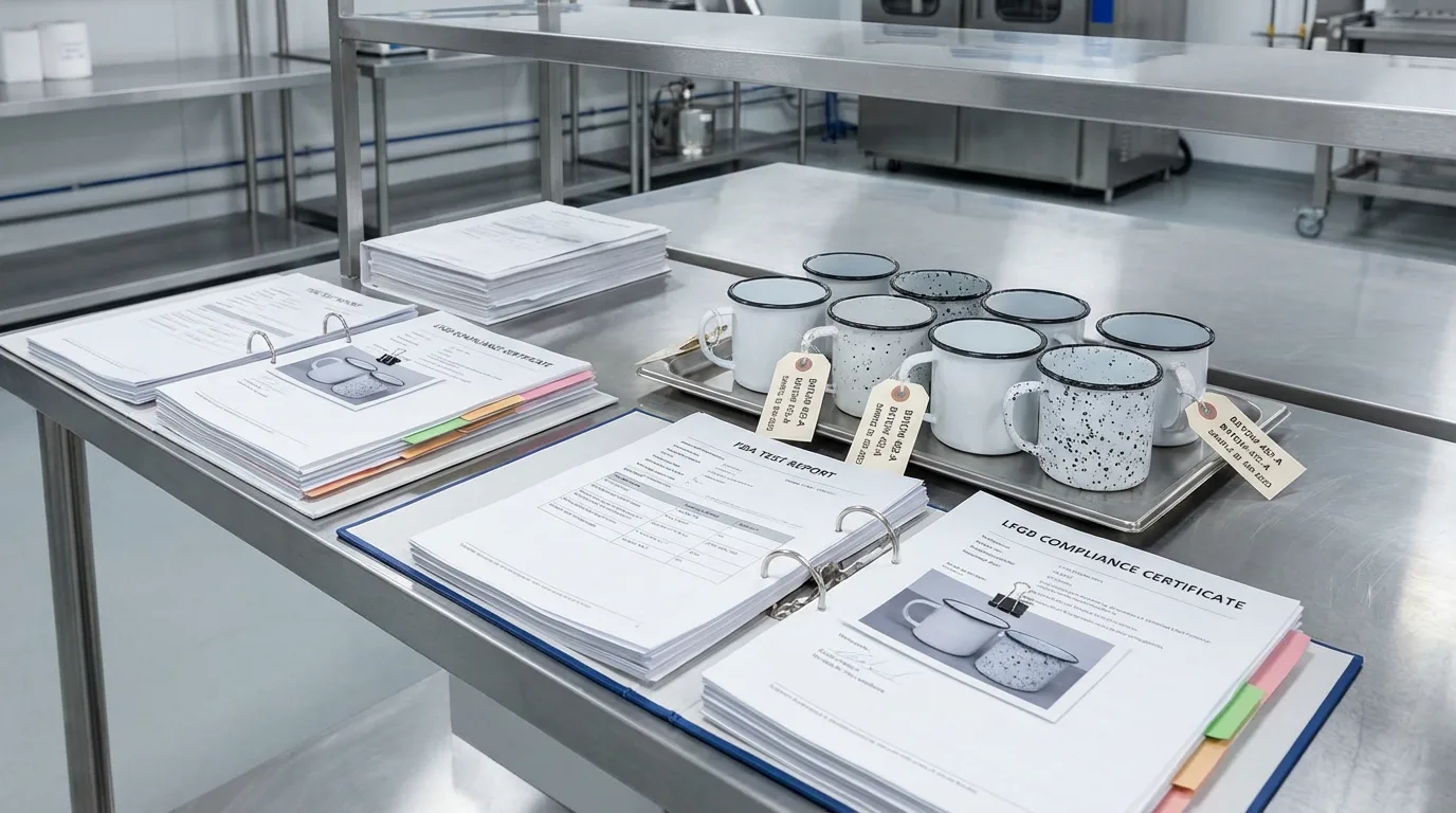 OEM enamel mug samples with FDA and LFGB compliance documents prepared by experienced enamel mug manufacturer for export markets