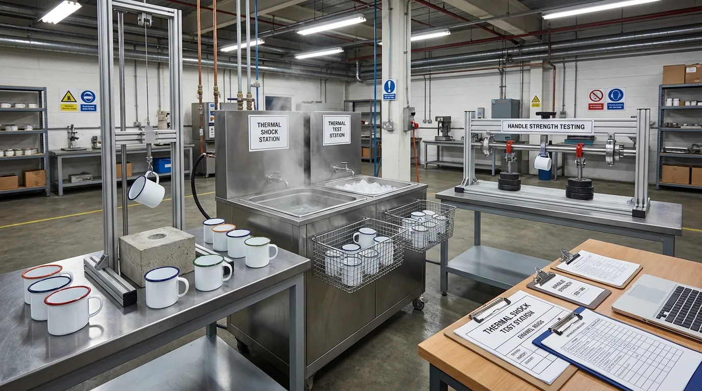 Enamel mug durability testing including thermal shock and handle strength tests conducted in enamel mug factory quality lab