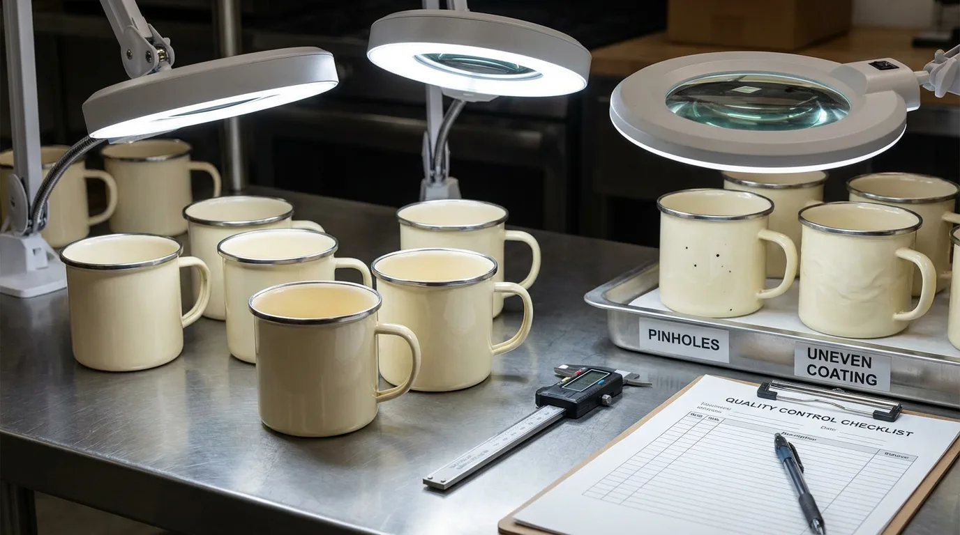 Enamel mug quality control station inspecting pinholes and uneven coating during enamel mug manufacturing process