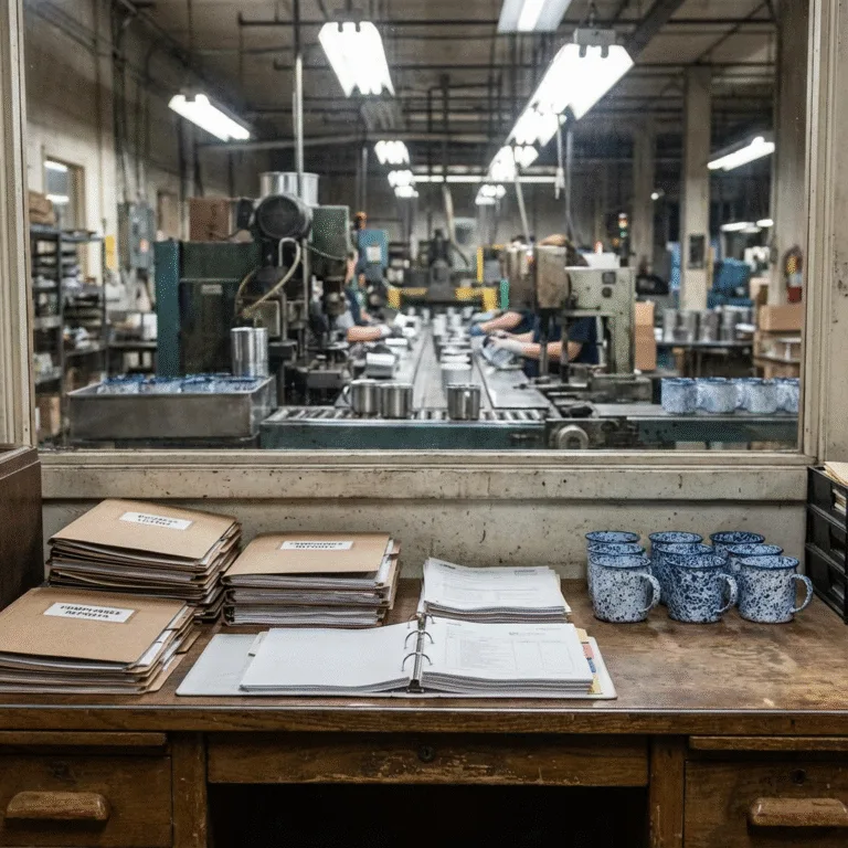 enamel mug production line view with manufacturing machines quality documents and sample mugs on inspection desk