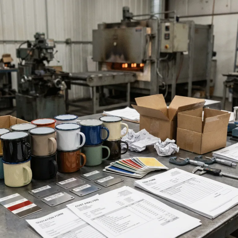 enamel mug price analysis with color samples quotation forms and cost breakdown on factory inspection table
