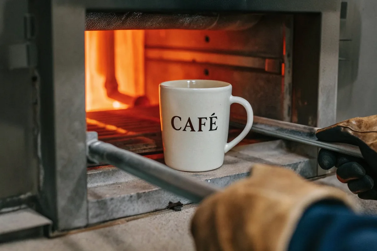 Durable ceramic decal printing on enamel mugs fired at high temperatures for cafe logo longevity (ID#2)