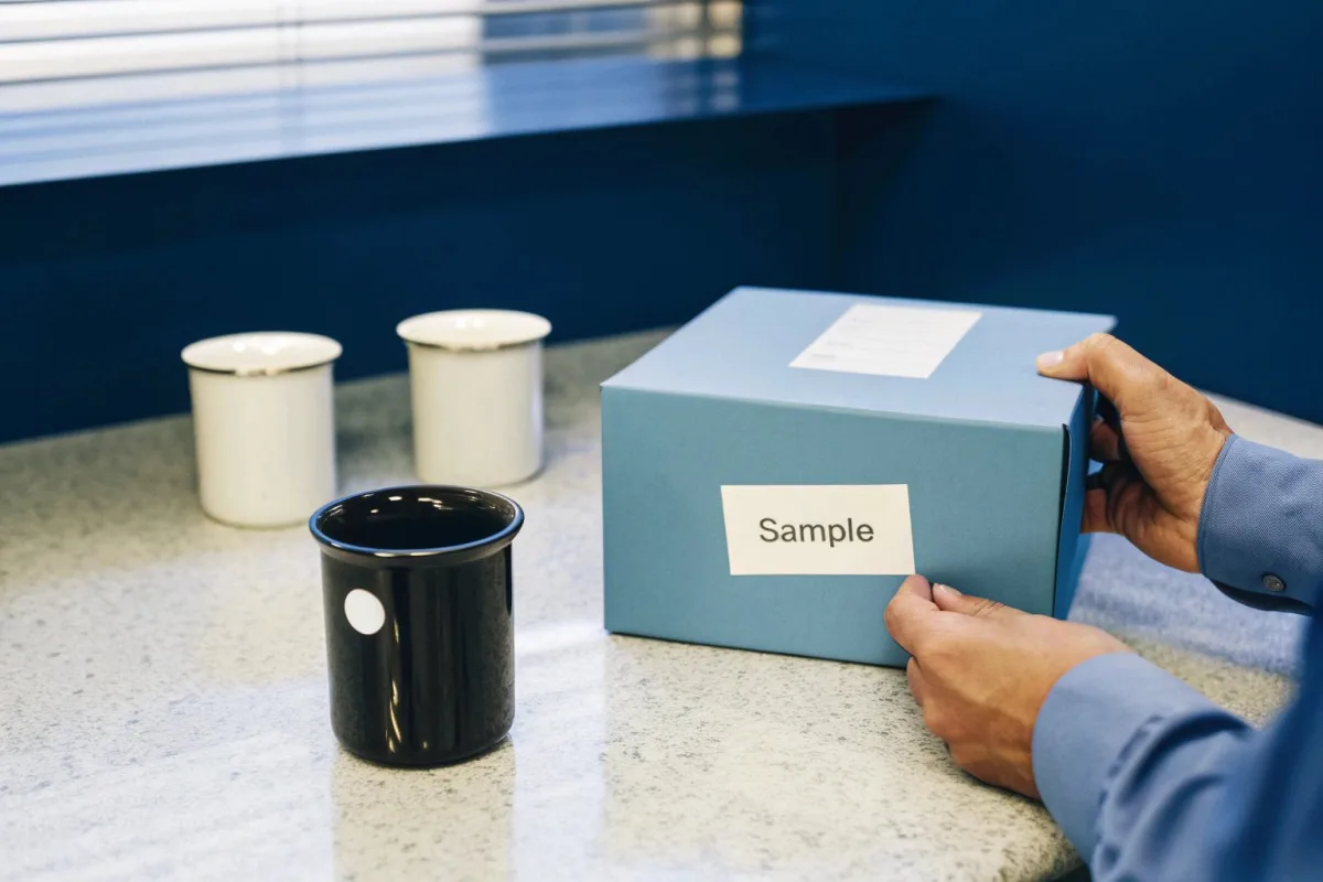 Physical pre-production samples of enamel mugs to verify color accuracy and finish quality (ID#3)