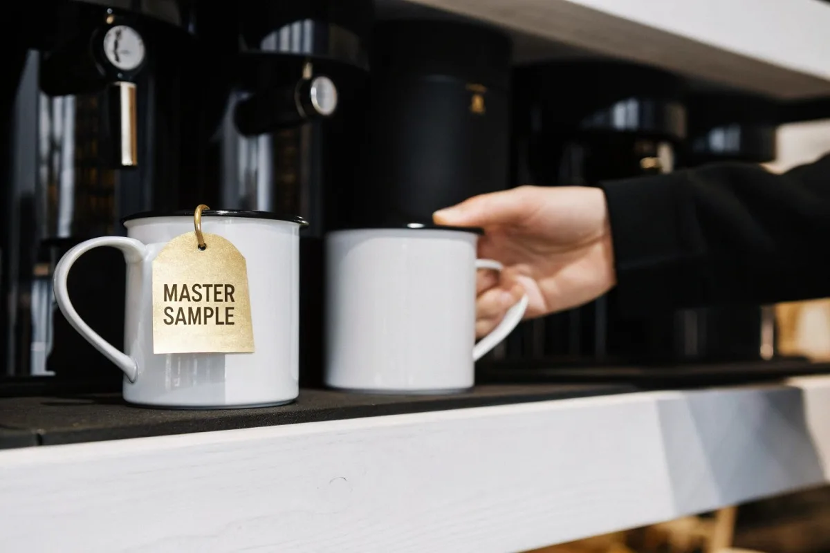 Quality control steps including colorimeter measurements and batch inspections for enamel mug production (ID#4)