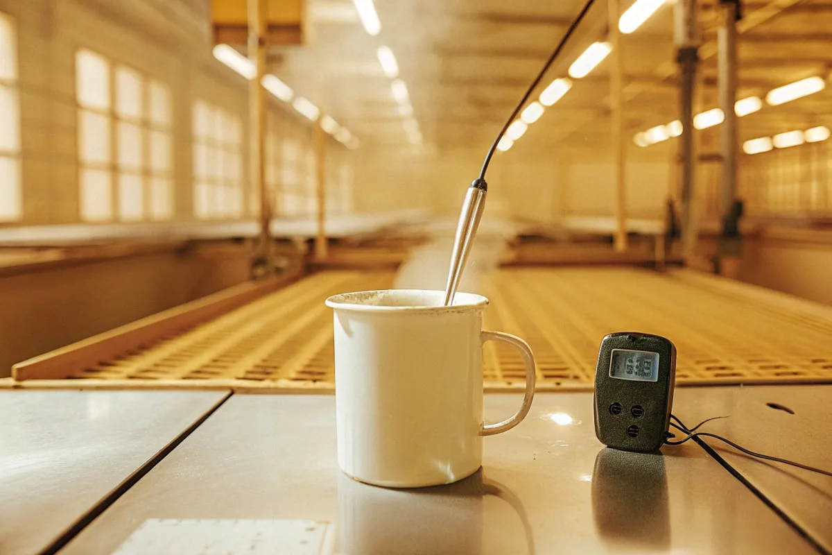 Testing thermal insulation of custom enamel mug samples during the sourcing process (ID#1)