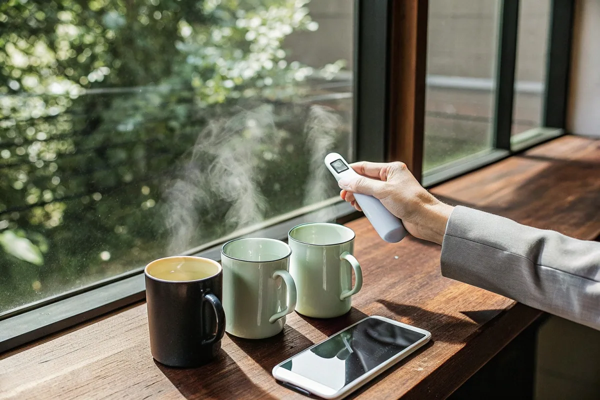 Measuring heat retention of enamel mugs using a digital probe thermometer for temperature tests (ID#2)