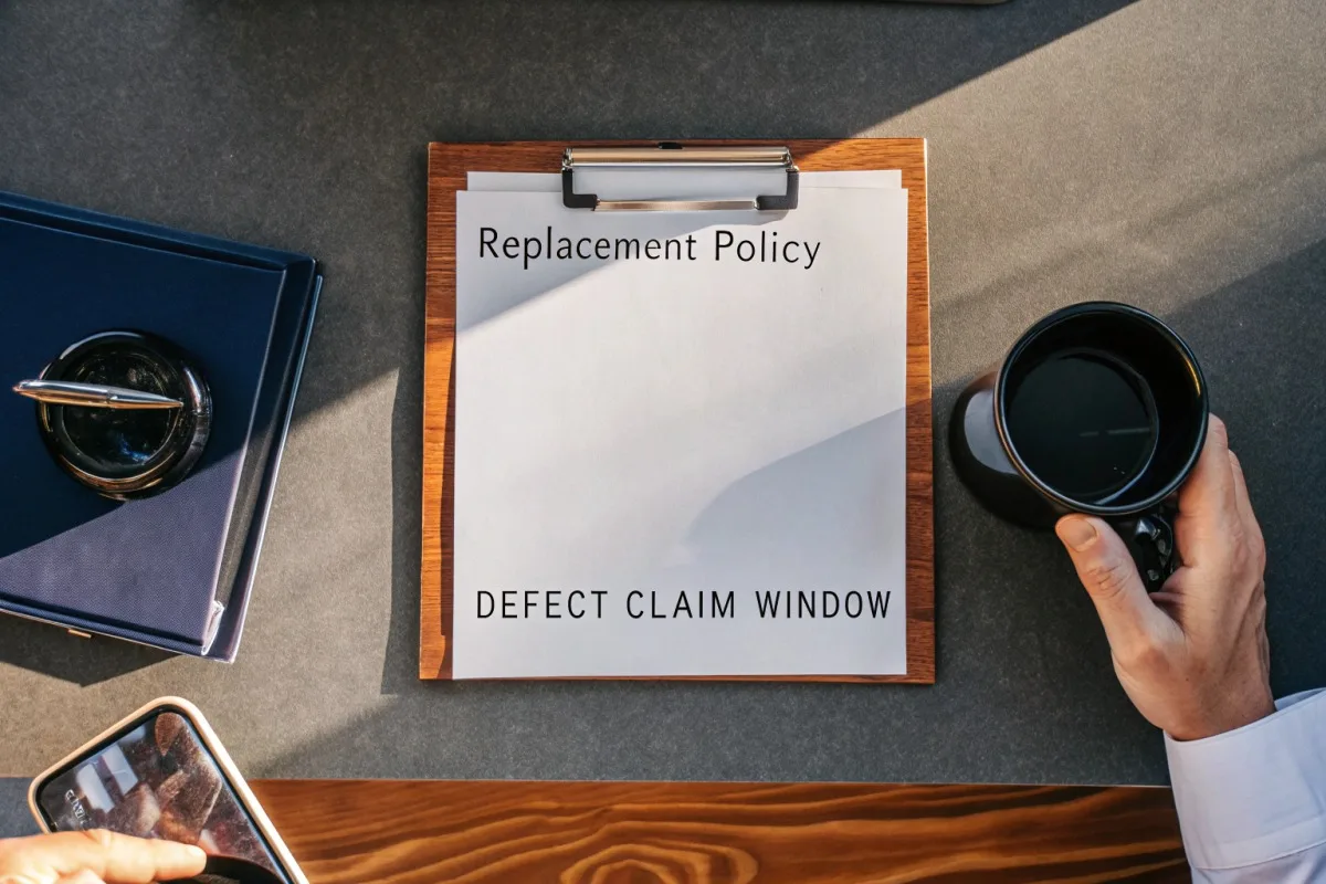 Clear replacement clauses and claim windows in OEM manufacturing contracts for enamel mugs (ID#3)