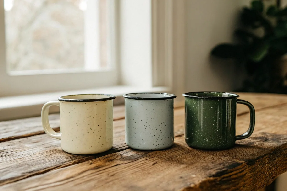 Authentic vintage enamelware design featuring speckled finishes and muted color palettes with contrasting rims (ID#2)