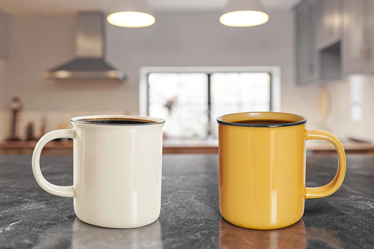 Stain resistant cream and beige interior enamel mug options for clean presentation (ID#4)