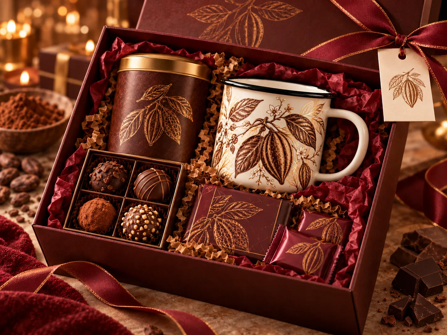 Custom enamel mugs paired with chocolate, cocoa powder and premium gift packaging for confectionery brands