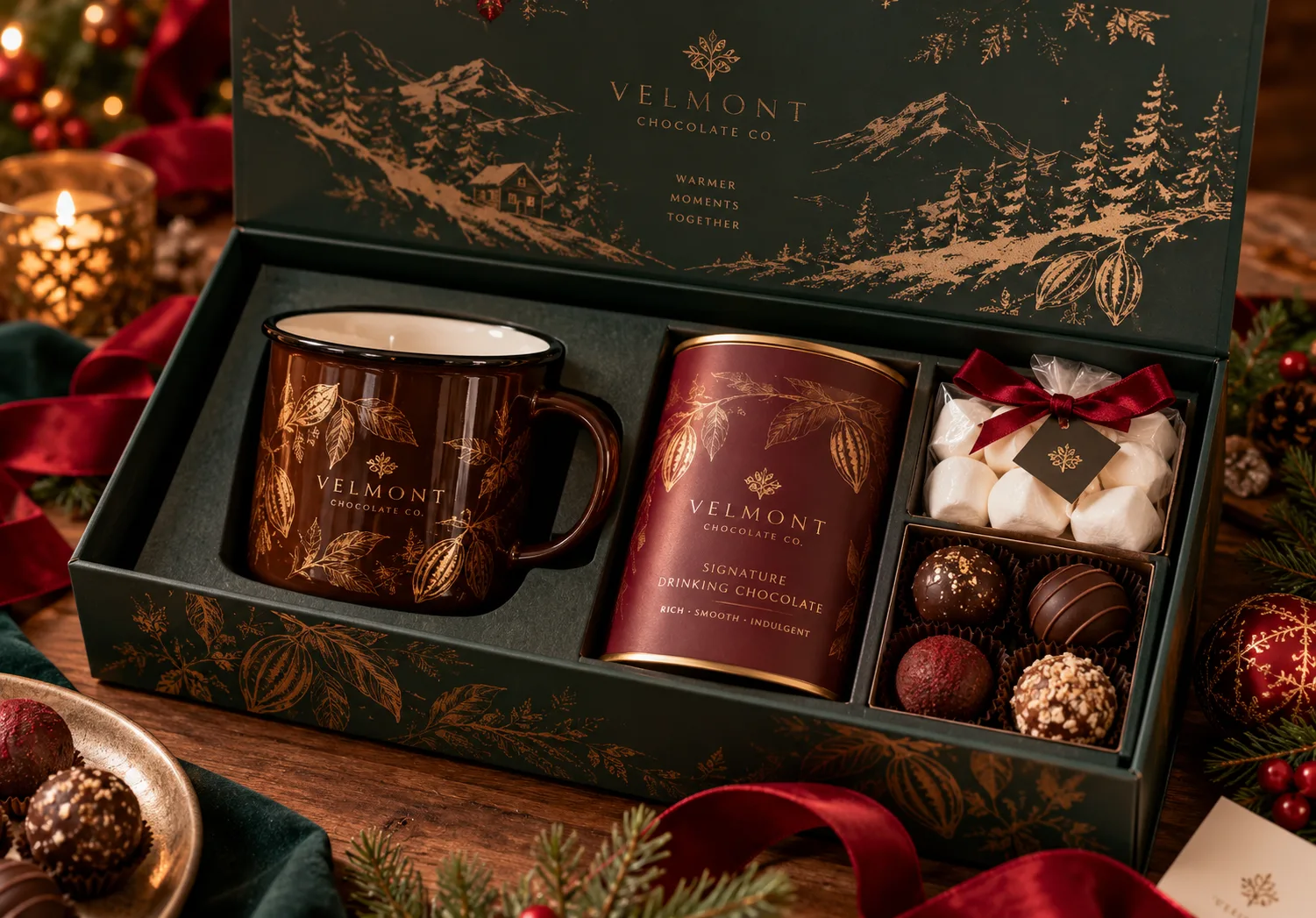 Christmas themed custom enamel mug gift set with hot chocolate powder and festive holiday packaging