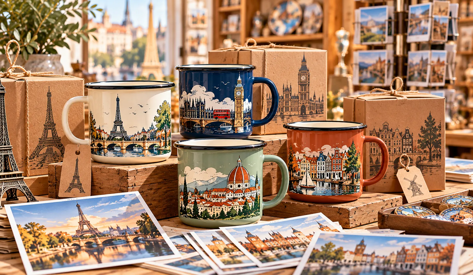 Destination souvenir enamel mug collection featuring city skylines and local landmark illustrations