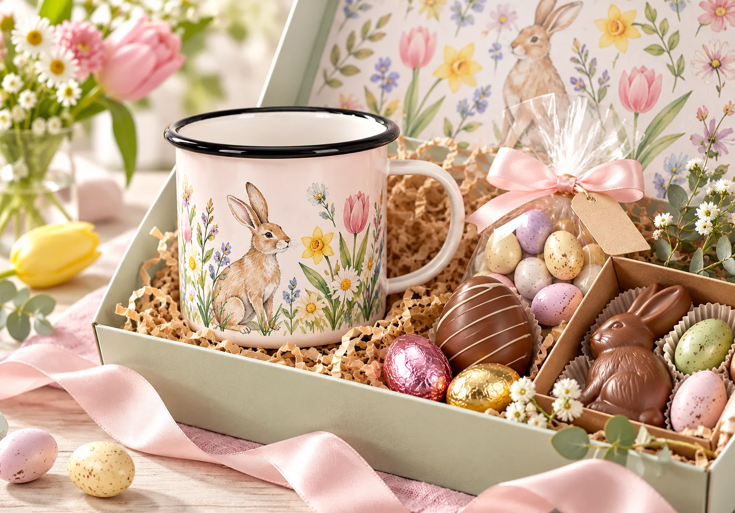 Branded enamel mugs featuring cocoa-inspired artwork and chocolate brand colors for retail merchandise