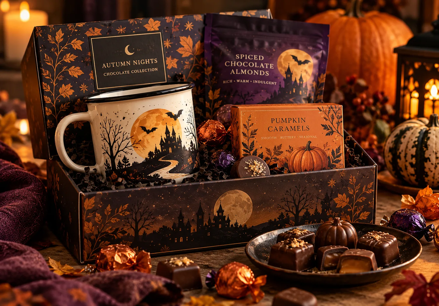Seasonal colorful custom enamel mug gift collection with confectionery and holiday sweets
