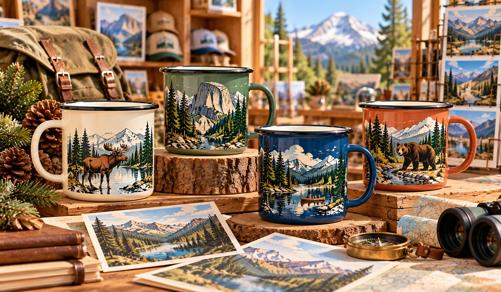 National park themed enamel mugs with mountain, forest, lake and wildlife illustrations and custom hang tags