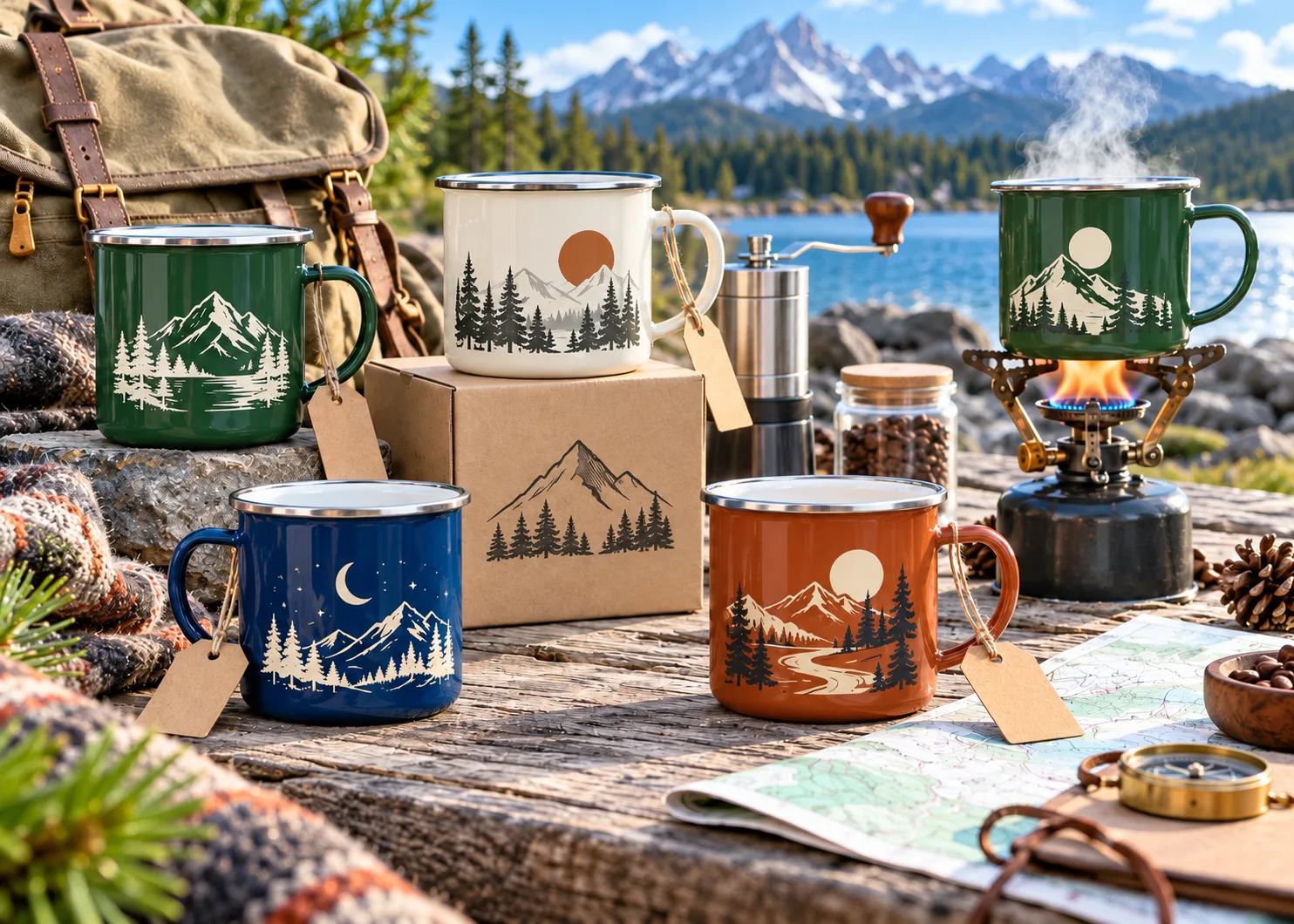 Custom enamel mugs for outdoor brands -- forest green, navy, cream and burgundy with nature-inspired artwork and retail hang tags