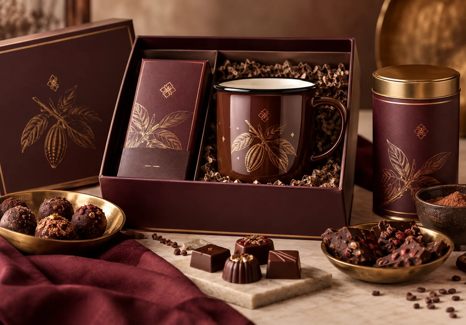 Premium custom enamel mug gift box paired with artisan chocolates and truffles for high-end retail