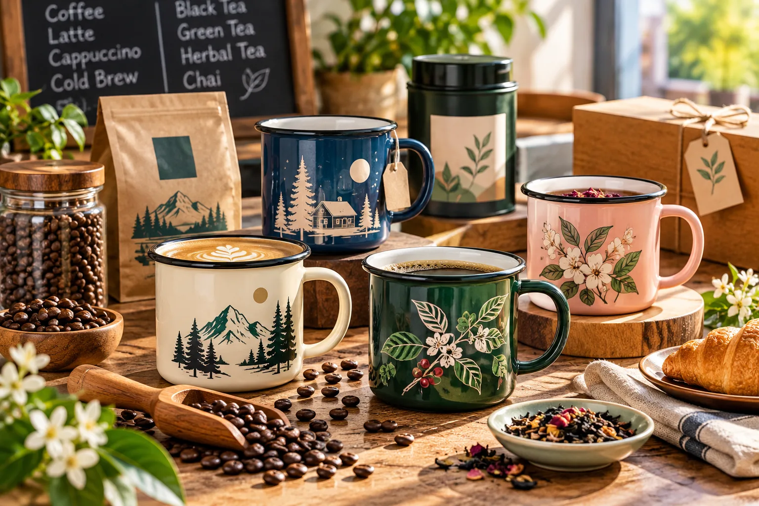 Coffee lover gift set -- custom enamel mug with branded packaging for retail and gifting